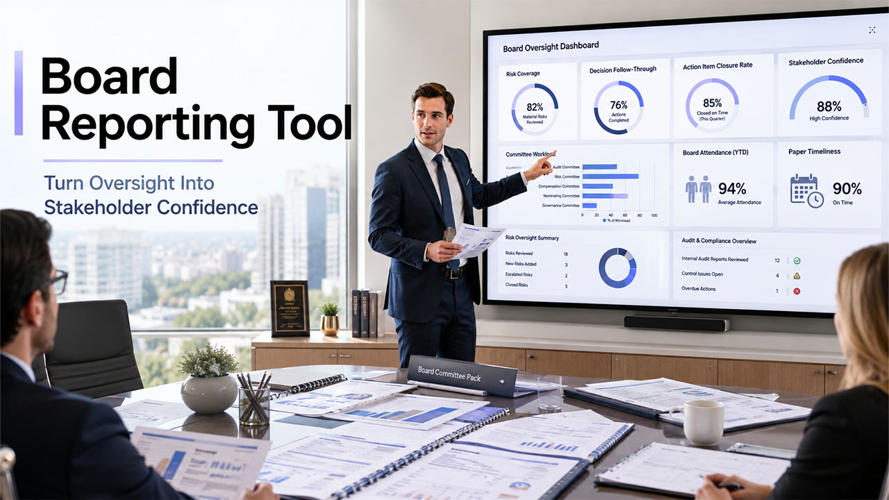 Board Reporting Tool dashboard displaying governance metrics, board performance KPIs, risk oversight tracking, and stakeholder reporting insights.