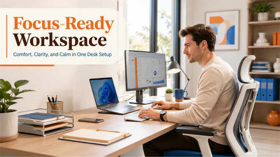 Efficient workspace designed for deep focus with an organized desk, ergonomic setup, and minimal distractions