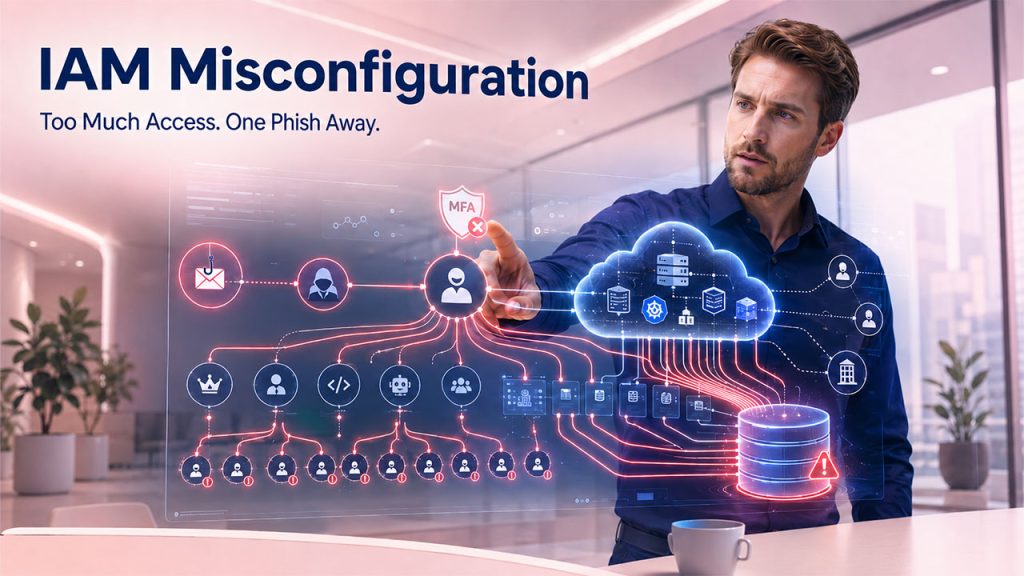 Cloud misconfiguration caused by excessive identity and access management permissions in a cloud environment.