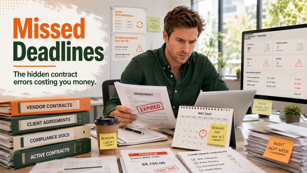 Common contract tracking system mistakes including missed renewals, expired contracts, and compliance deadline failures