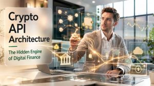 Crypto API architecture connecting blockchain networks, digital asset platforms, payment systems, and financial applications