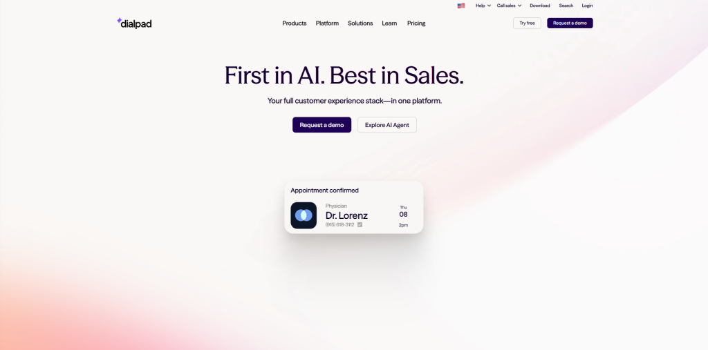 Dialpad AI calling platform with live coaching, real-time transcription, and AI-powered agent assistance for businesses