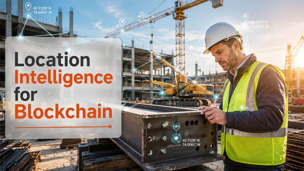 Blockchain network connecting digital records with physical assets through location data and real-world verification systems.