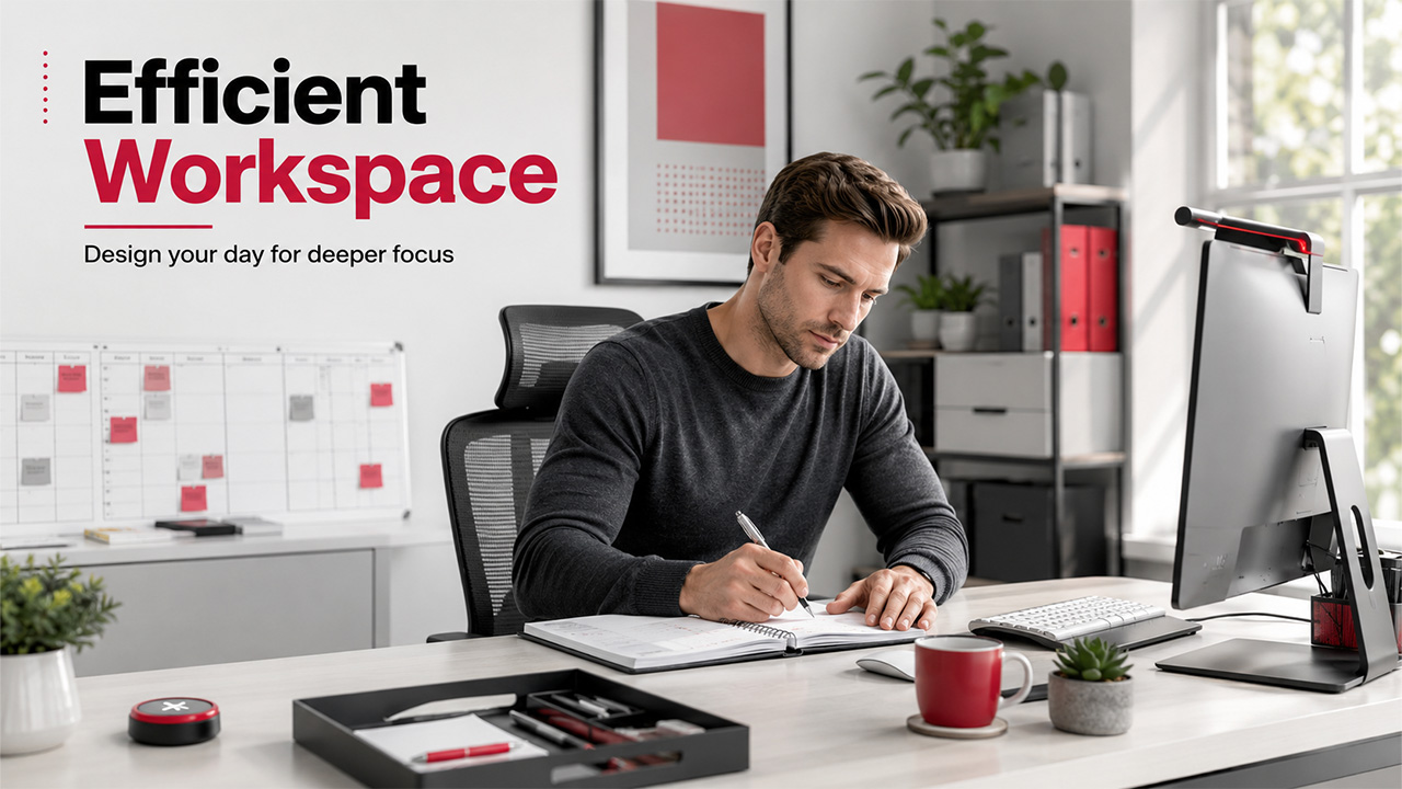 Modern efficient workspace with organized desk, ergonomic setup, and productivity-focused office environment