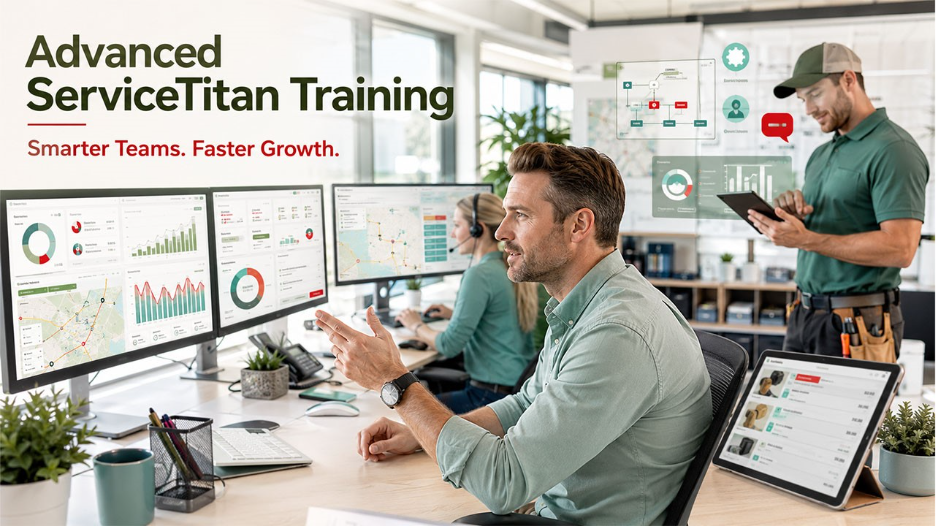 Key areas of advanced ServiceTitan training including reporting, dispatching, pricebook management, memberships, and workflow automation