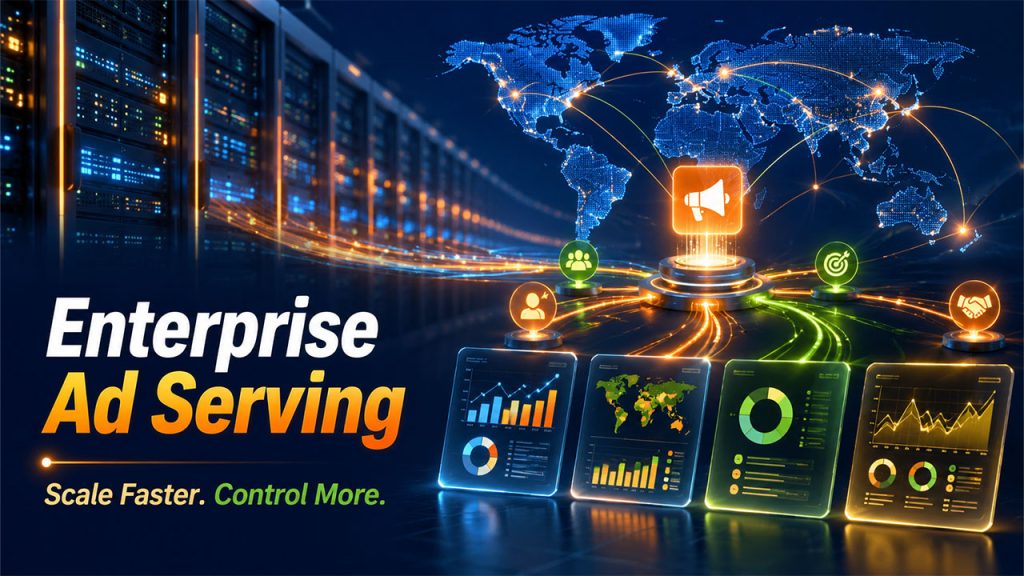 Key requirements for an enterprise ad serving platform including scalability, API integrations, analytics, security, and customization.
