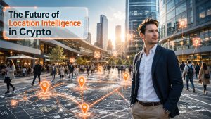 Illustration showing how location data in crypto helps connect blockchain networks with real-world geographic intelligence and digital asset management.