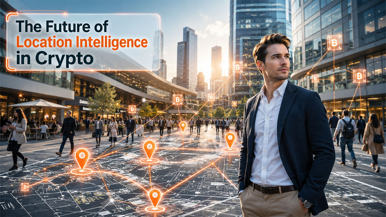 Illustration showing how location data in crypto helps connect blockchain networks with real-world geographic intelligence and digital asset management.