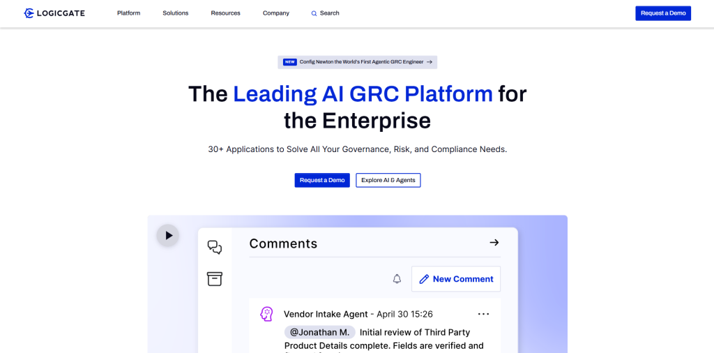LogicGate Risk Cloud no-code GRC platform helping tech teams automate risk management, compliance workflows, and governance processes.
