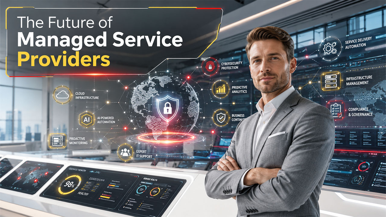 Managed Service Provider team monitoring IT infrastructure, cybersecurity, and network performance for business clients