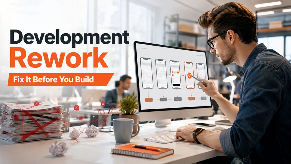 Mobile app design process using wireframes and prototypes to reduce development rework before coding begins.