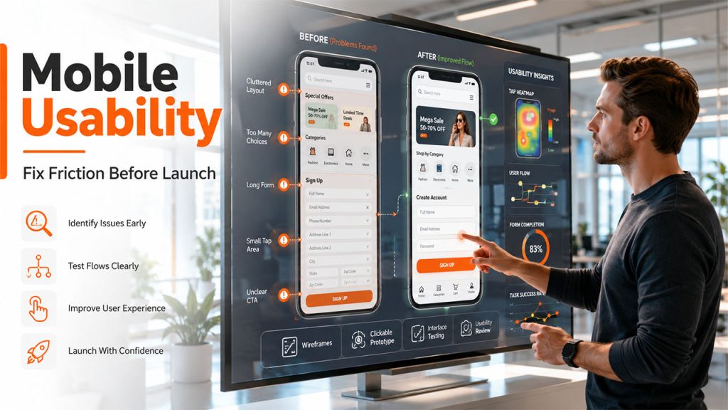 Mobile app design usability testing identifies navigation issues, user flow problems, and interface improvements before app development.