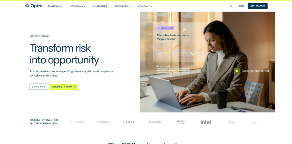 Optro audit-native risk management platform connecting controls, audit findings, compliance workflows, and risk registers for continuous governance and assurance.
