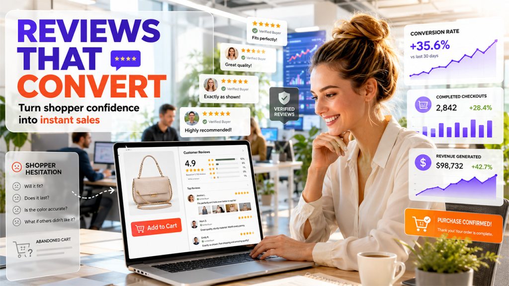 Review widgets for ecommerce showing customer ratings, verified buyer reviews, and conversion growth on an online store product page.