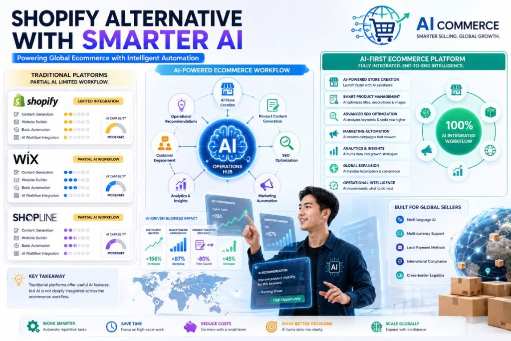 Shopify alternative comparison showing AI-powered ecommerce platforms with advanced SEO, marketing automation, analytics, and global selling capabilities