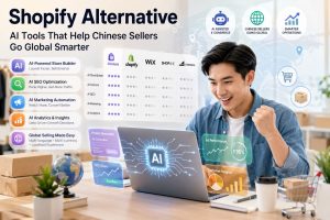 Shopify alternative with AI tools helping Chinese sellers manage ecommerce SEO, marketing automation, analytics, and global expansion