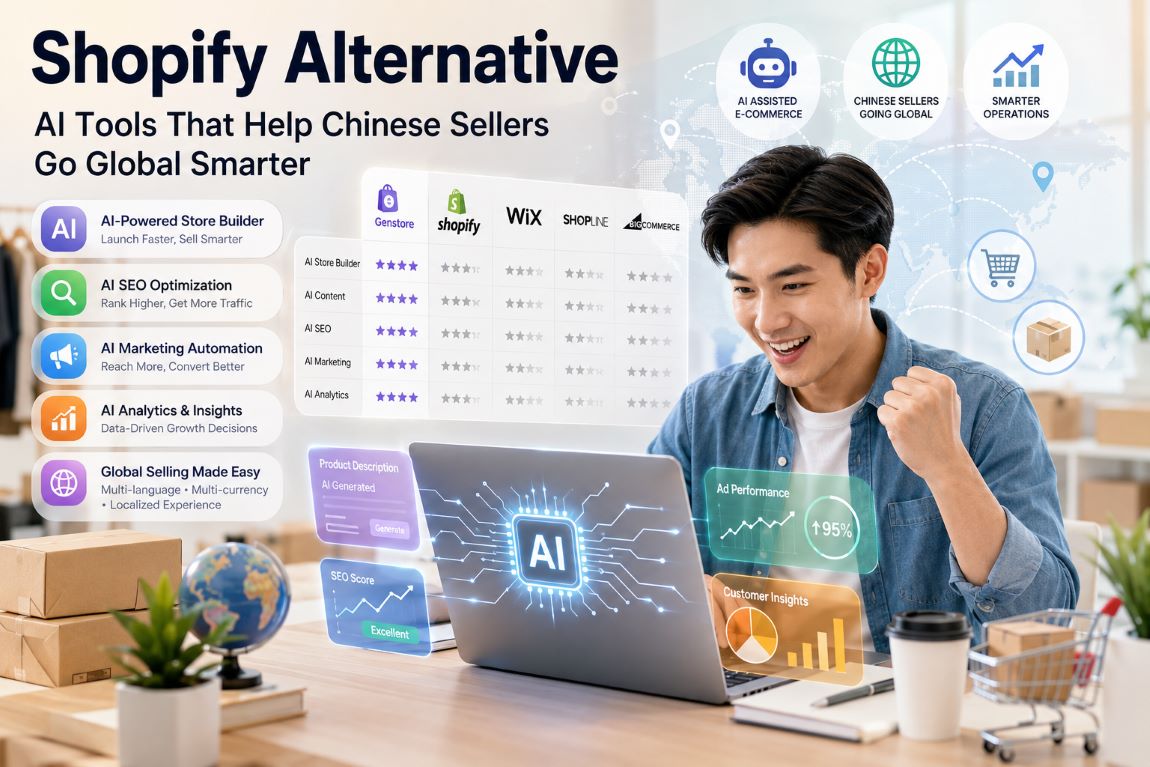 Shopify alternative with AI tools helping Chinese sellers manage ecommerce SEO, marketing automation, analytics, and global expansion