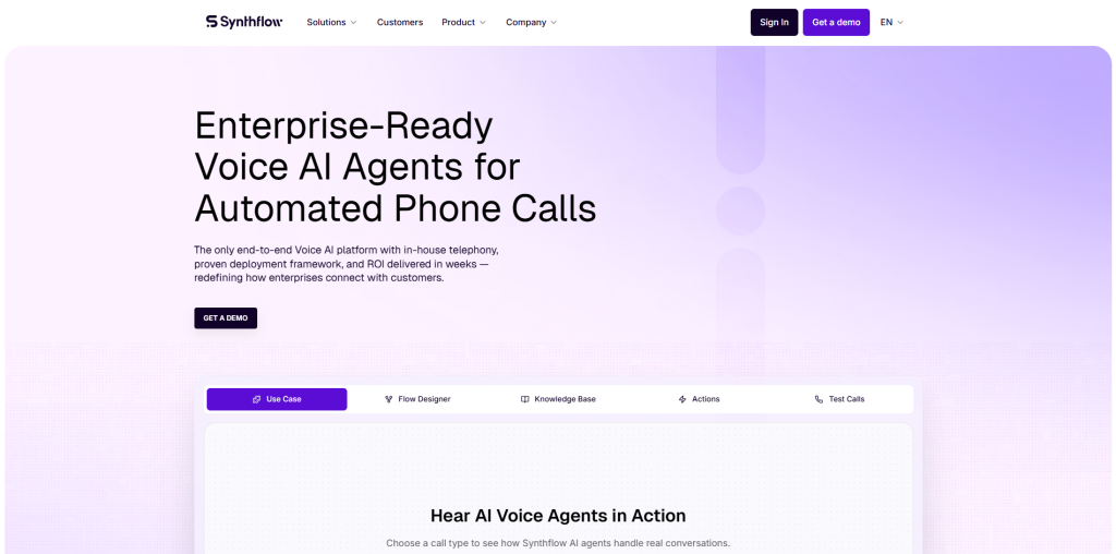 Synthflow no-code AI voice agent builder helping agencies create and deploy automated business call workflows