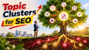 Illustration showing a topic clusters SEO strategy with pillar content, cluster pages, and internal linking to improve site authority and search rankings