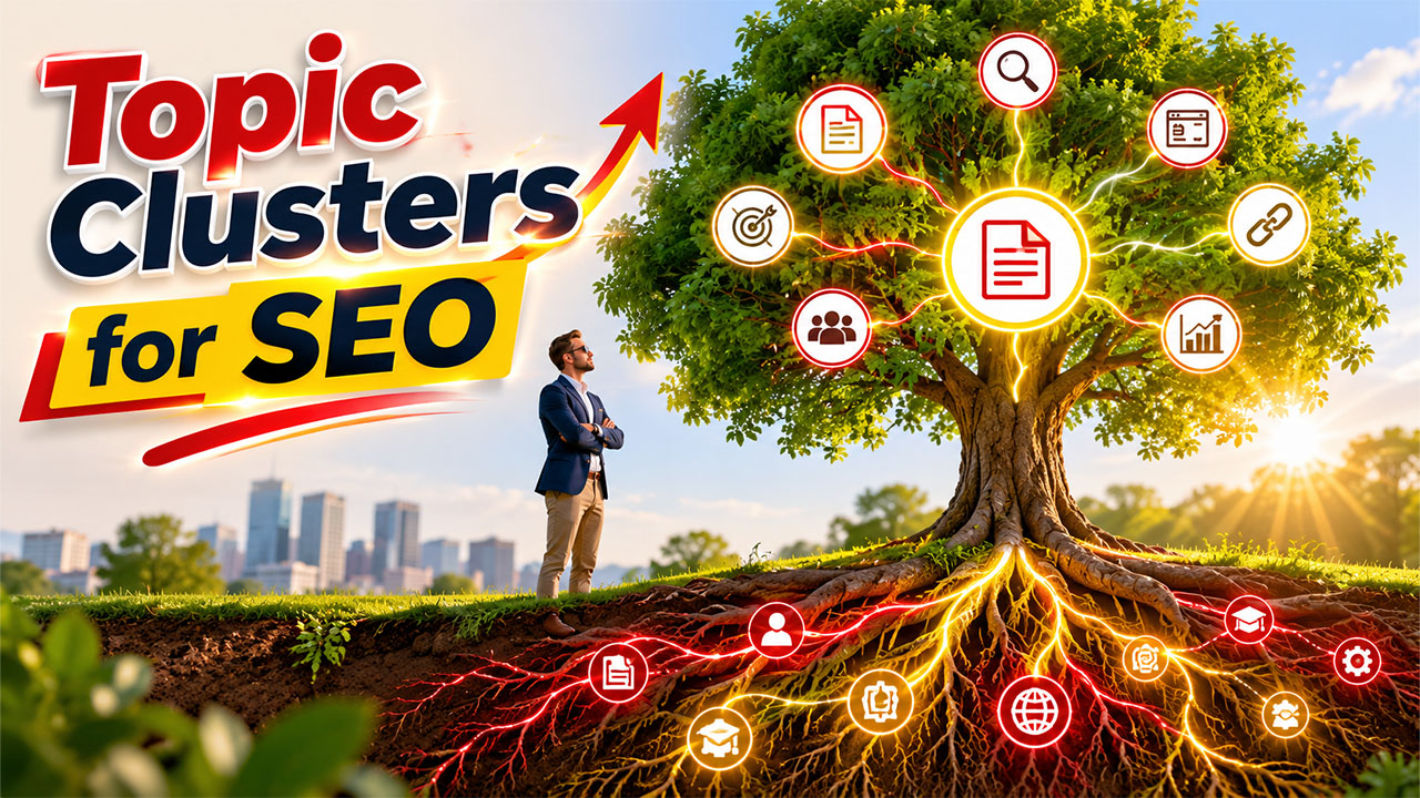 Illustration showing a topic clusters SEO strategy with pillar content, cluster pages, and internal linking to improve site authority and search rankings