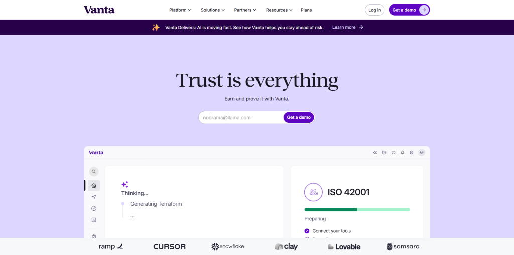 Vanta automated risk and compliance platform helping cloud-first teams streamline audits, monitor controls continuously, and maintain security compliance.