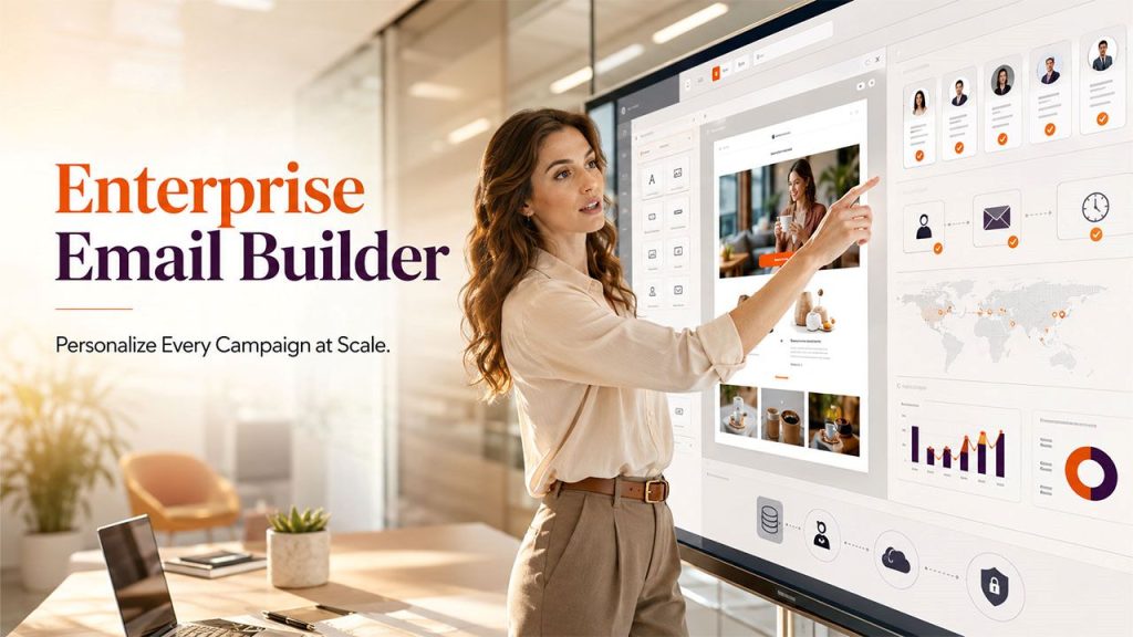 Infographic showing an enterprise Email Builder with personalization, scalability, CRM integration, automation, and cost optimization features.