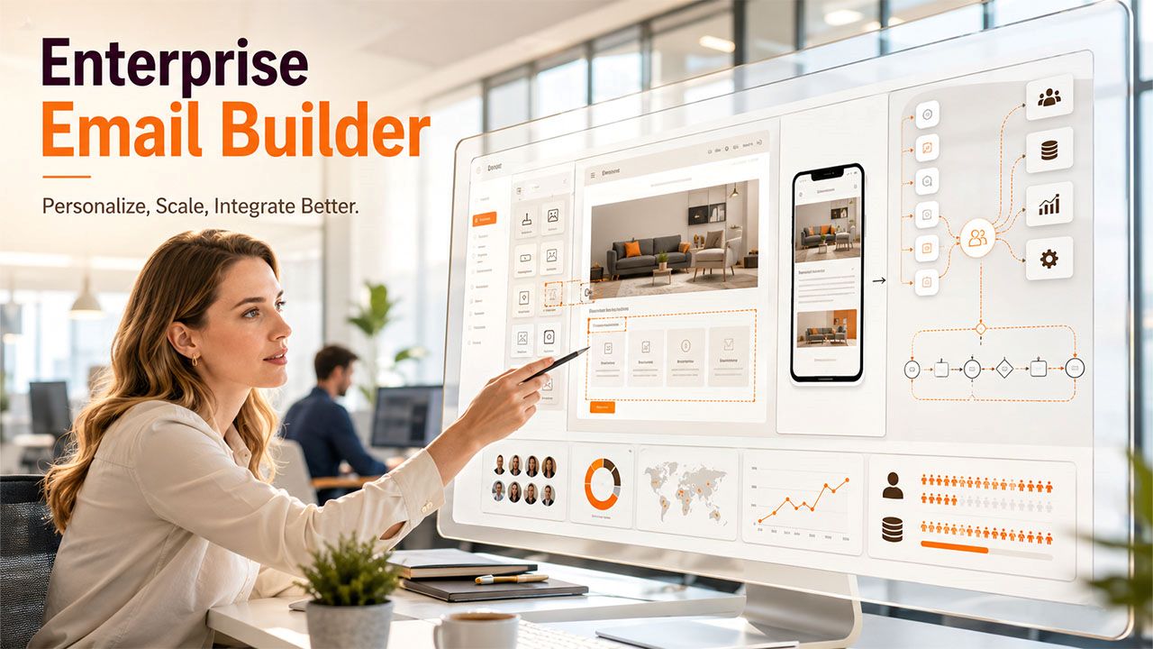 Professional using an enterprise Email Builder to create personalized, scalable email marketing campaigns with CRM integration and automation.