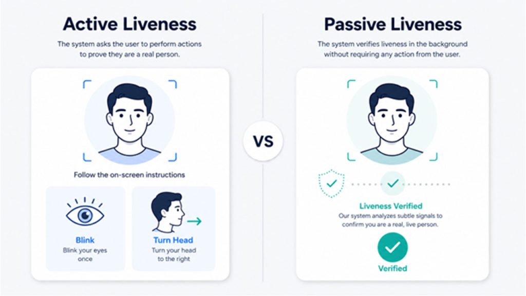 Comparison of active and passive liveness detection methods for secure biometric face verification and presentation attack prevention.
