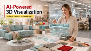 AI 3D visualization software displaying a customizable furniture model for modern furniture manufacturing