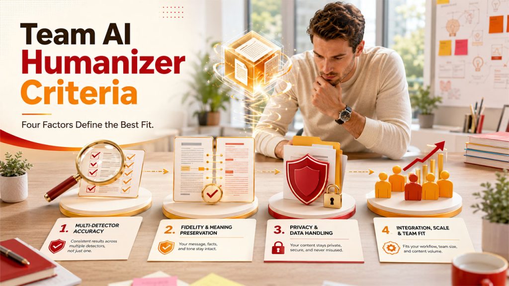 AI Humanizers capabilities for teams including detection accuracy, content fidelity, privacy, and workflow integration.