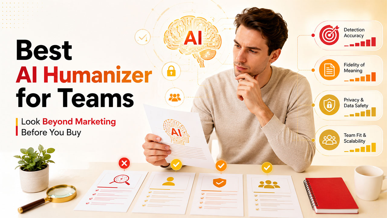 AI Humanizers comparison for teams showing evaluation factors like detection accuracy, privacy, fidelity, and workflow integration.