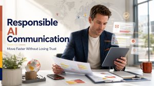 Professional using AI in business communications to draft emails, analyze reports, and improve workplace collaboration.