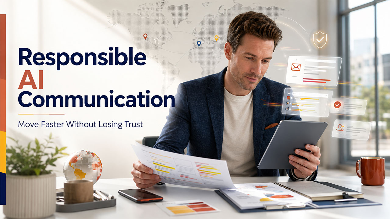 Professional using AI in business communications to draft emails, analyze reports, and improve workplace collaboration.
