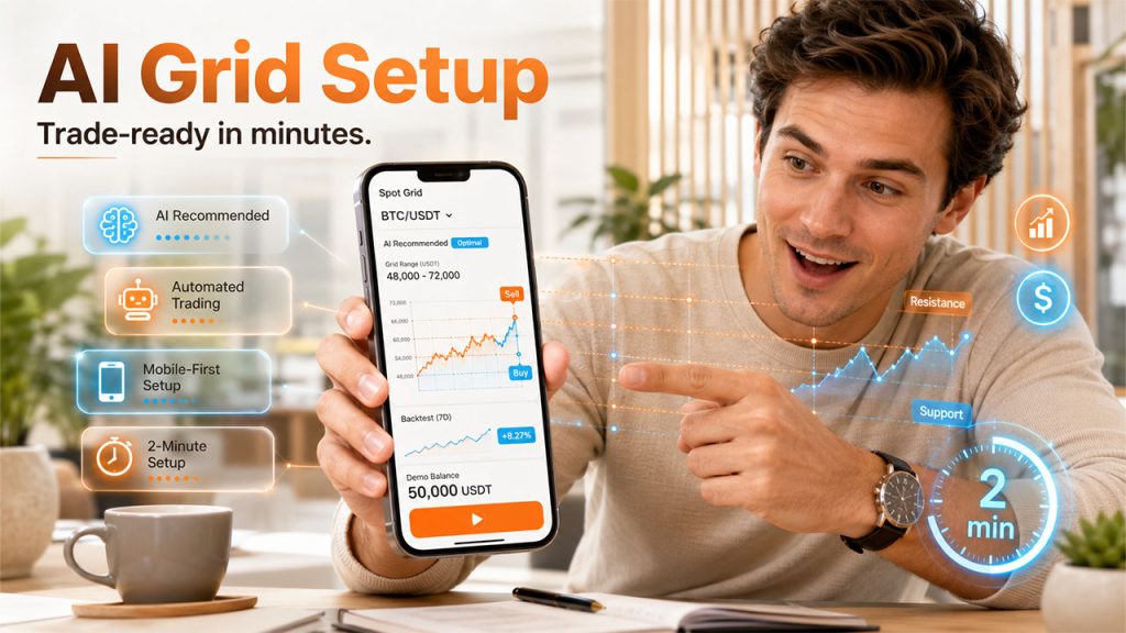 AI-recommended parameters helping users configure grid bots for automated crypto trading