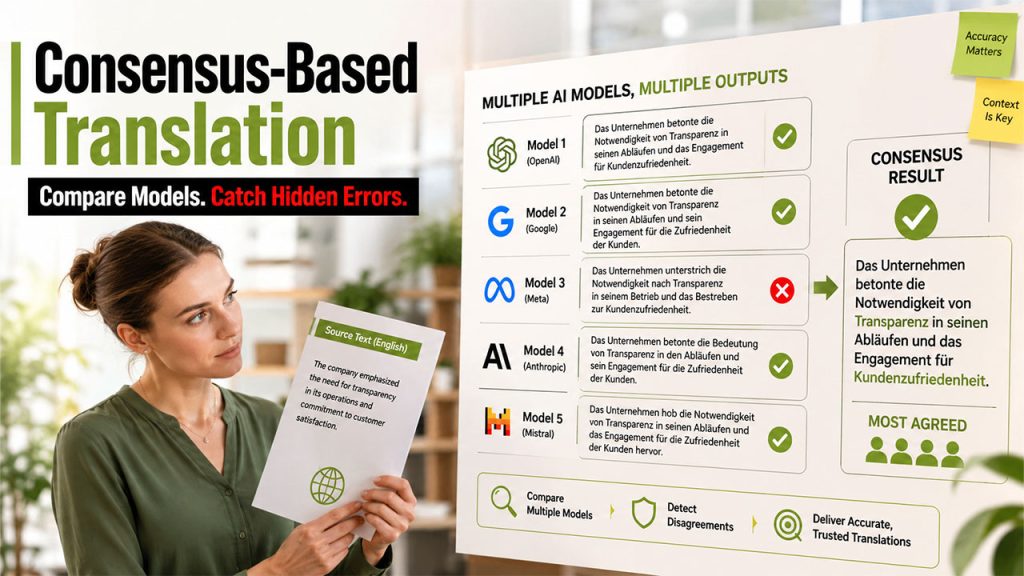 AI translation model comparison showing multiple AI models verifying the same translation instead of relying on a single model.