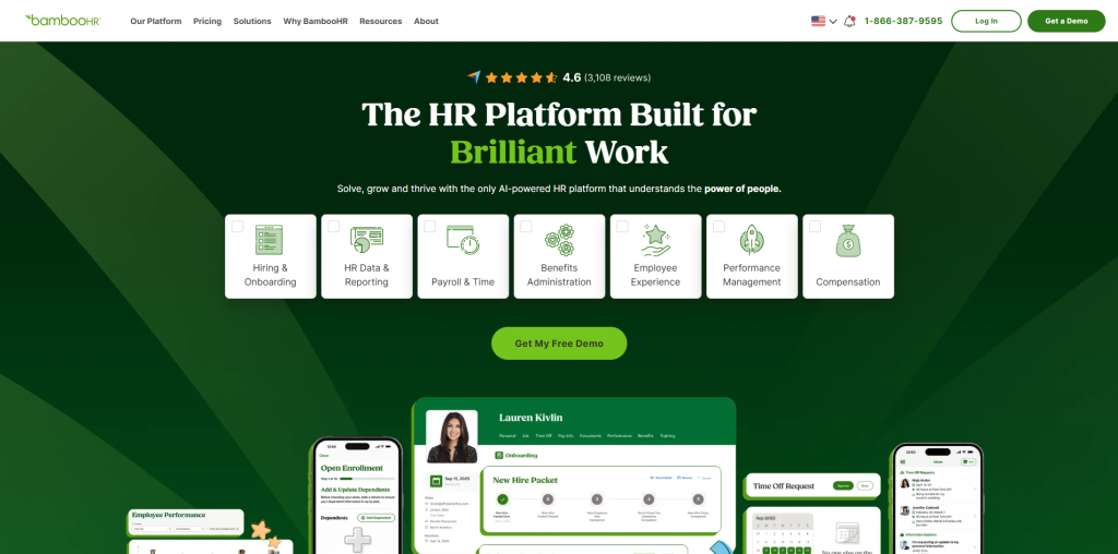 BambooHR user-friendly HRIS software dashboard for employee management, payroll, leave tracking, and HR self-service
