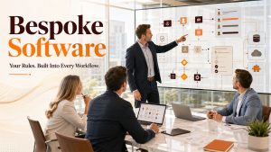 Business professionals collaborating on bespoke software development to build custom business solutions and streamline unique workflows.