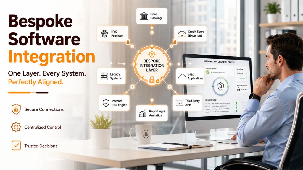 Bespoke software integrating with existing business systems through APIs, databases, and cloud applications for seamless workflow automation.