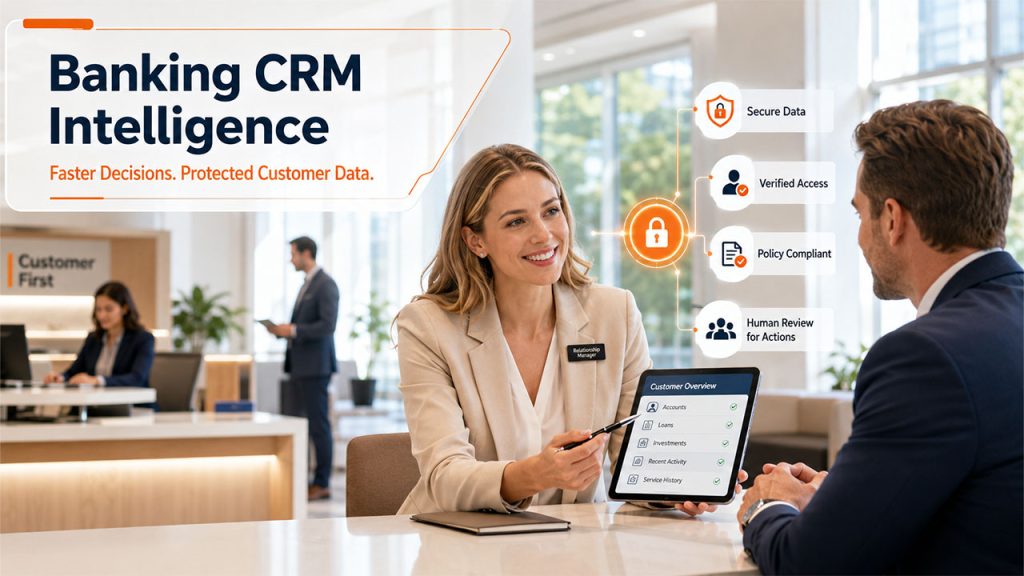 CRM data in banking securely used by generative AI to improve customer service and workflow efficiency.
