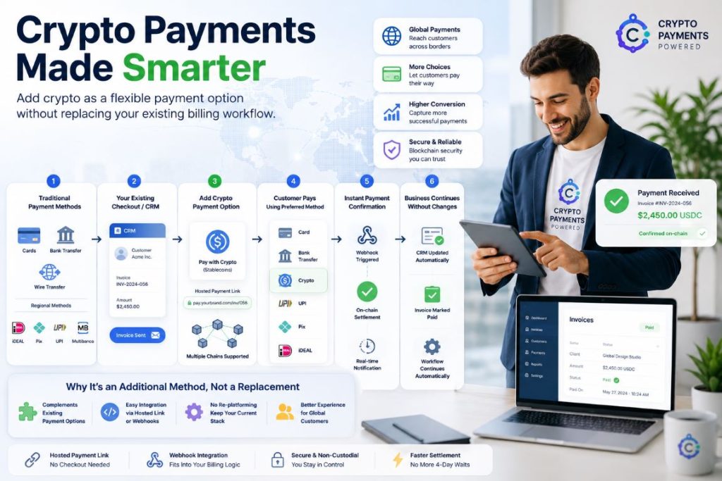 Infographic showing crypto payments as an additional payment method for international clients with CRM automation, hosted payment links, and on-chain settlement workflow.