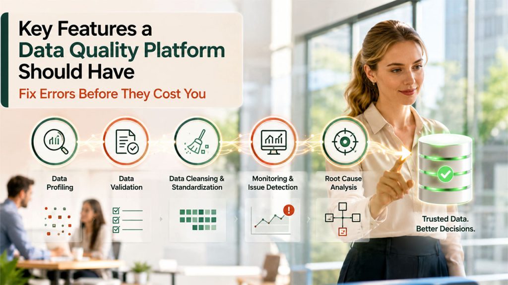 Key features of a Data Quality Platform including data profiling, validation, cleansing, monitoring, and root cause analysis