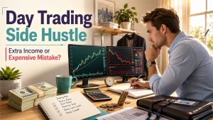 Day Trading as a Side Hustle with a trader analyzing stock market charts on multiple screens