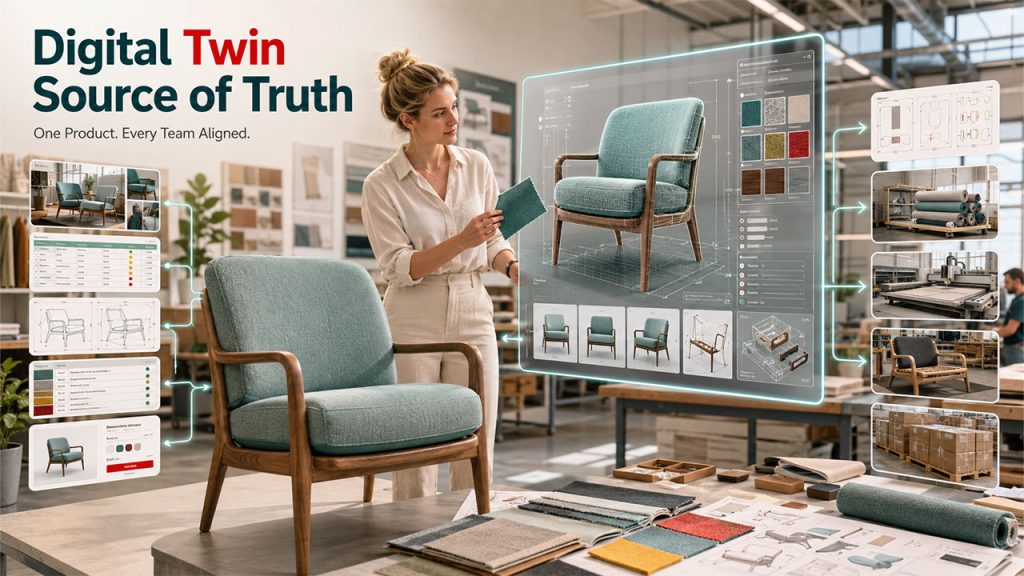 Digital twin powered by AI 3D visualization creating a single source of truth for custom furniture manufacturing