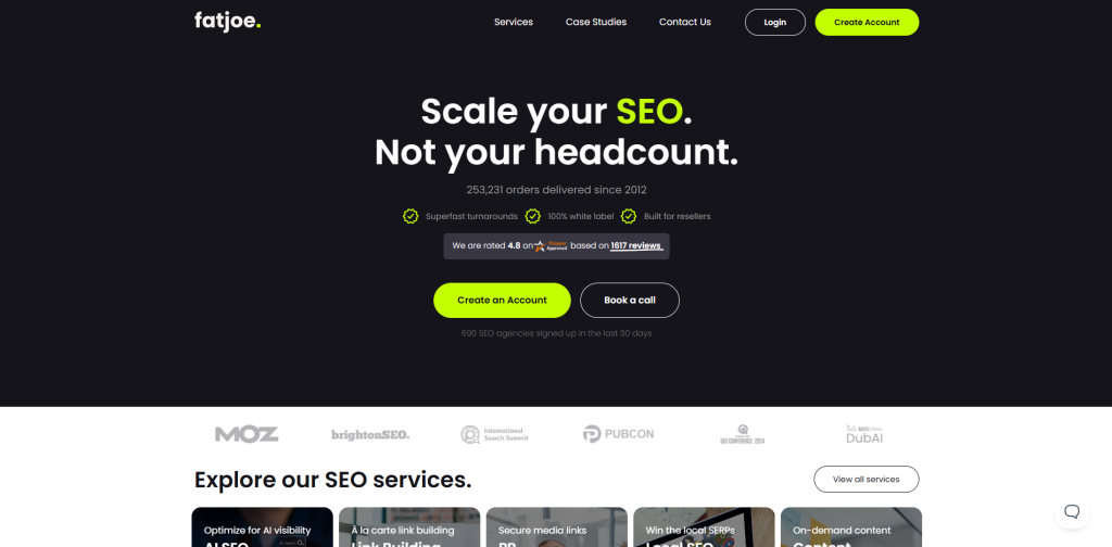 fatjoe link building agency offering backlink building, digital PR, AI SEO, local SEO, and content writing services.