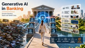 Generative AI in banking improving CRM data management, secure workflows, and customer service automation.