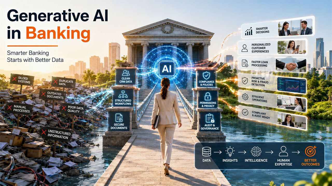 Generative AI in banking improving CRM data management, secure workflows, and customer service automation.
