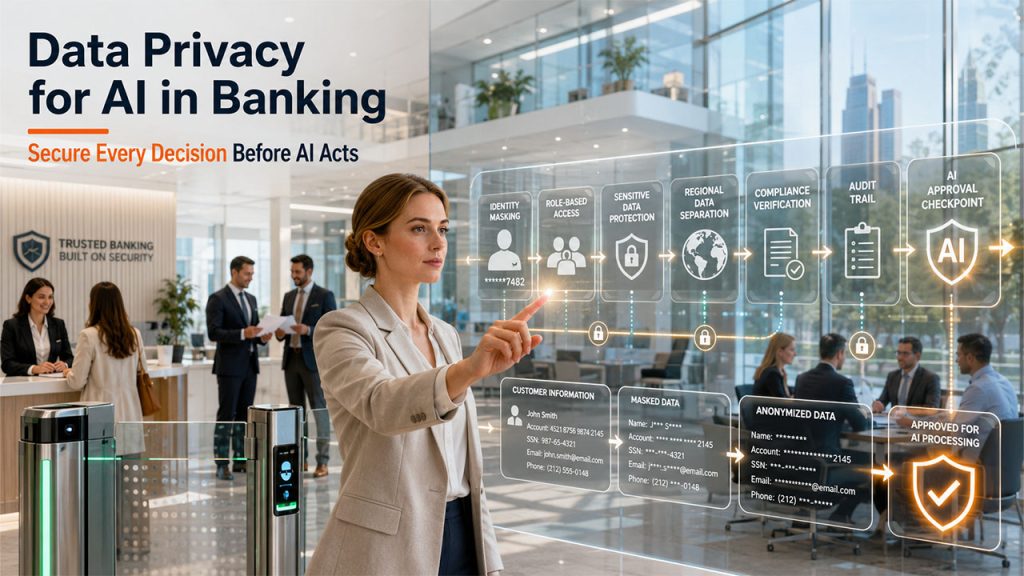 Generative AI in banking with secure customer data privacy, compliance, and protected financial information.
