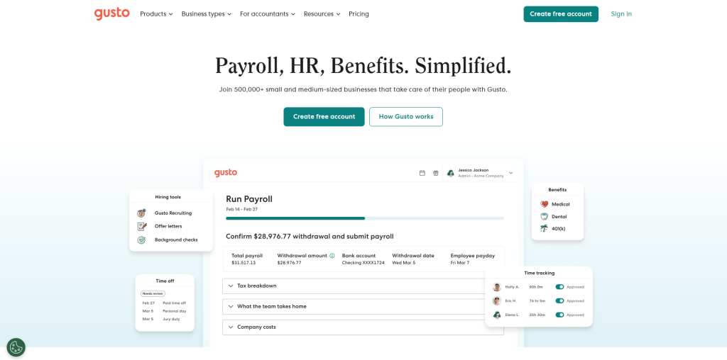 Gusto user-friendly HRIS software dashboard for payroll, employee benefits, and HR management