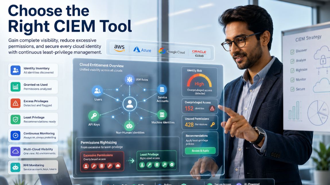 Cloud security engineer analyzing permissions across AWS, Azure, Google Cloud, and Oracle Cloud while choosing a CIEM tool for least-privilege access management.