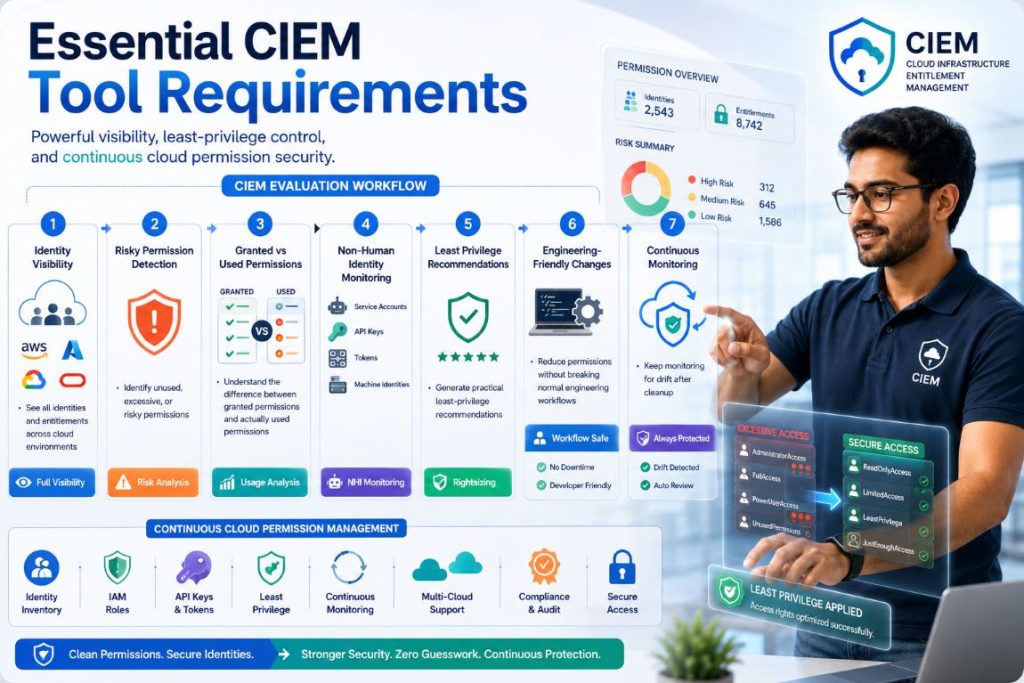 Infographic showing the essential requirements for choosing a CIEM tool, including identity visibility, risky permission detection, least-privilege recommendations, non-human identity monitoring, and continuous cloud permission management.